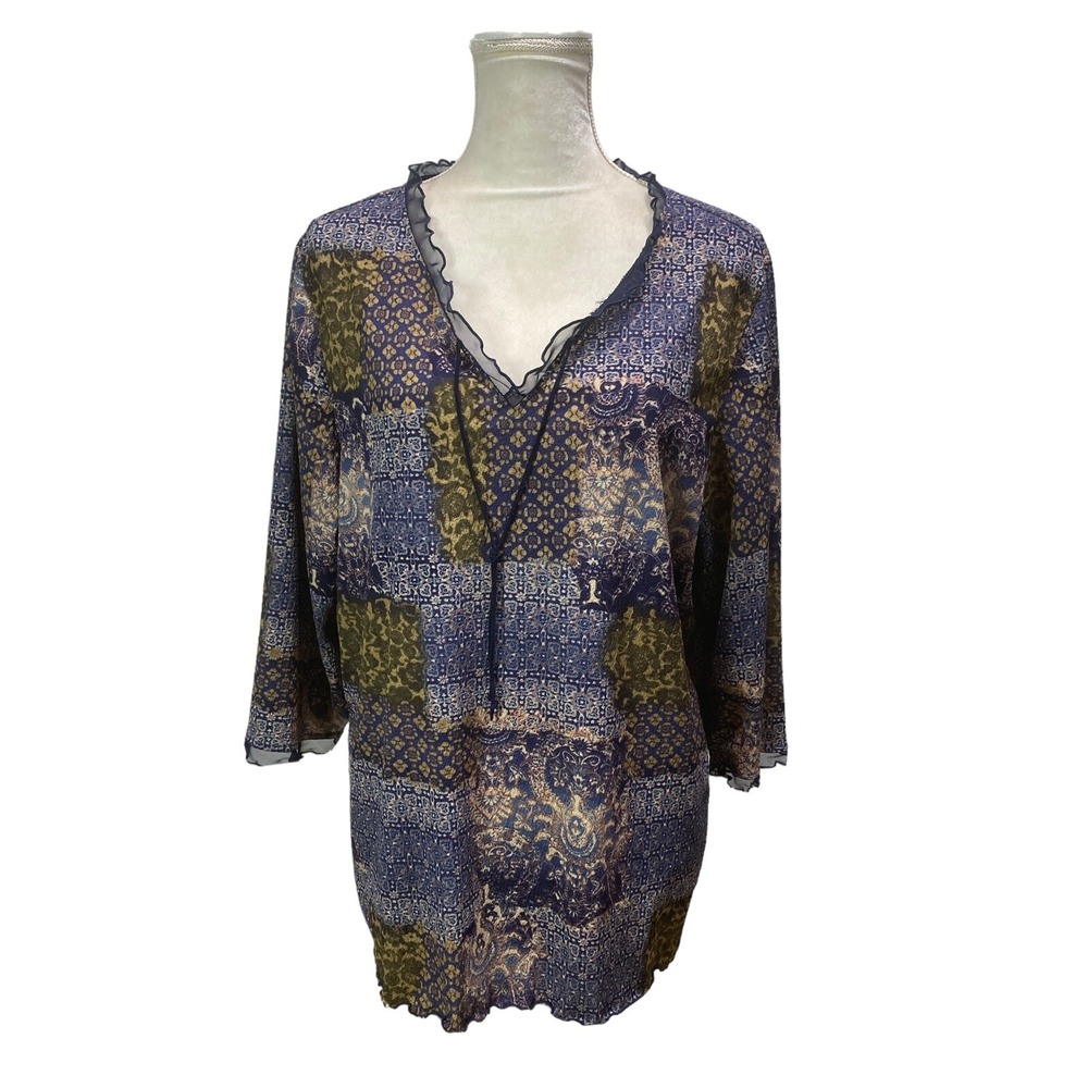 Avenue Women Top 18/20 Lace Blue Cream Peasant Boho 3/4 Sleeve Flowy Mix Print
